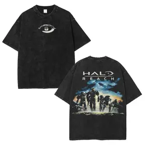 Halo Reach Washed Cotton Graphic T Shirt Unisex RPG Game Merch Retro Streetwear Casual Soft Breathable Tee Mens Fashion Top Classic Gamer Apparel Daily Wear Urban Style Short Sleeve Loose Fit Gift For Gamers