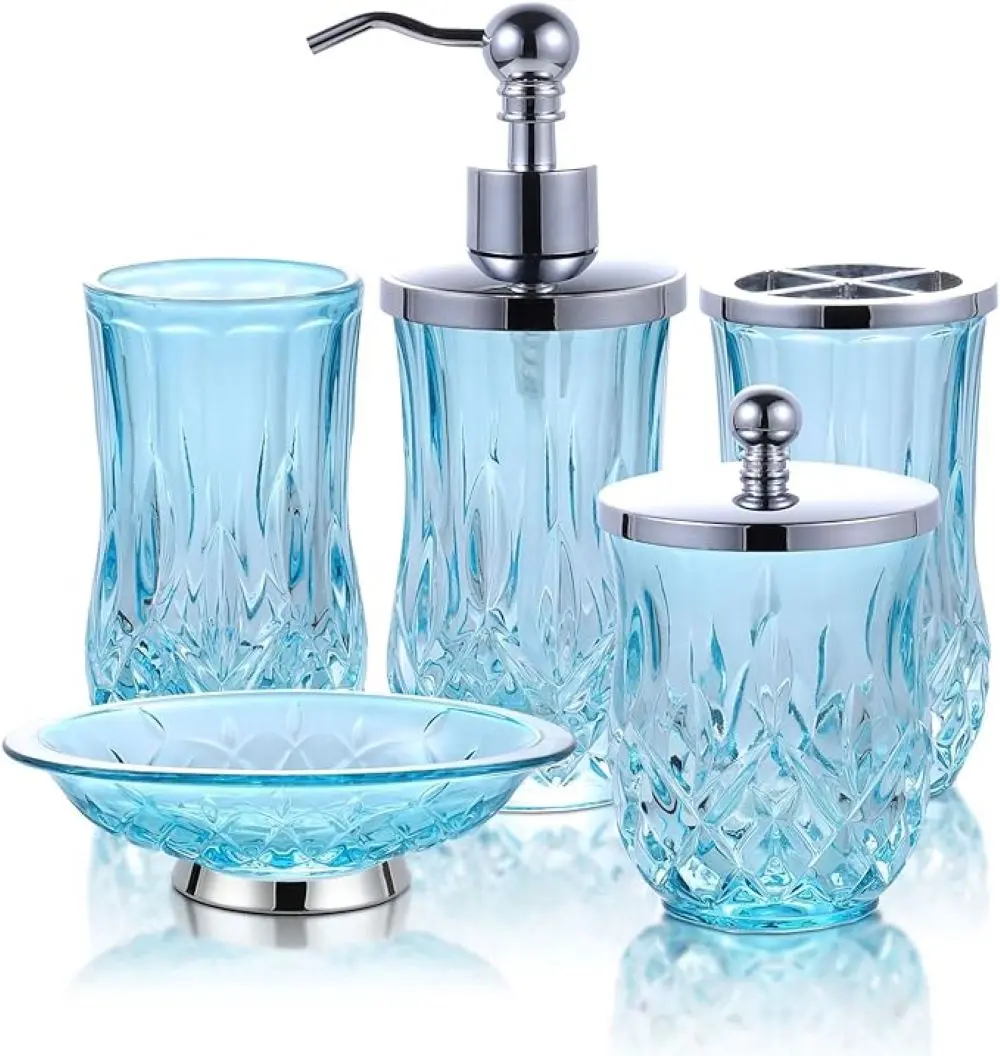 Watson Bathroom Accessories Classic Beveled Glass Teal Blue Bathroom Set, Including Soap Dispenser and Toothbrush Holder, Bathroom Sets