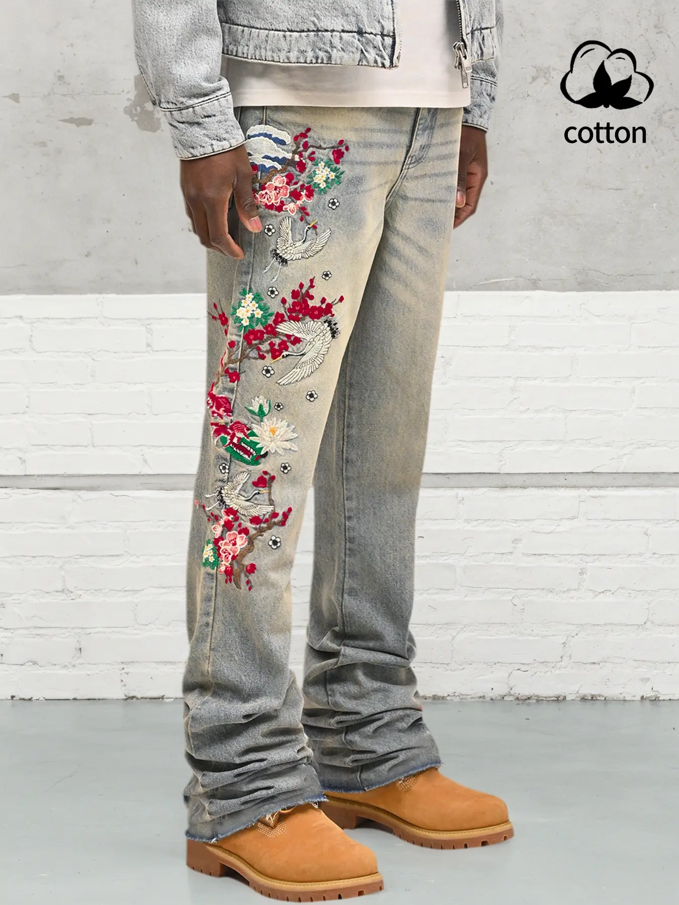 Men's Casual Washed Embroidered Jeans, Fashion Street Style Long Pants, Chinese Elements, Daily Comfort, All Seasons Perfect Choice