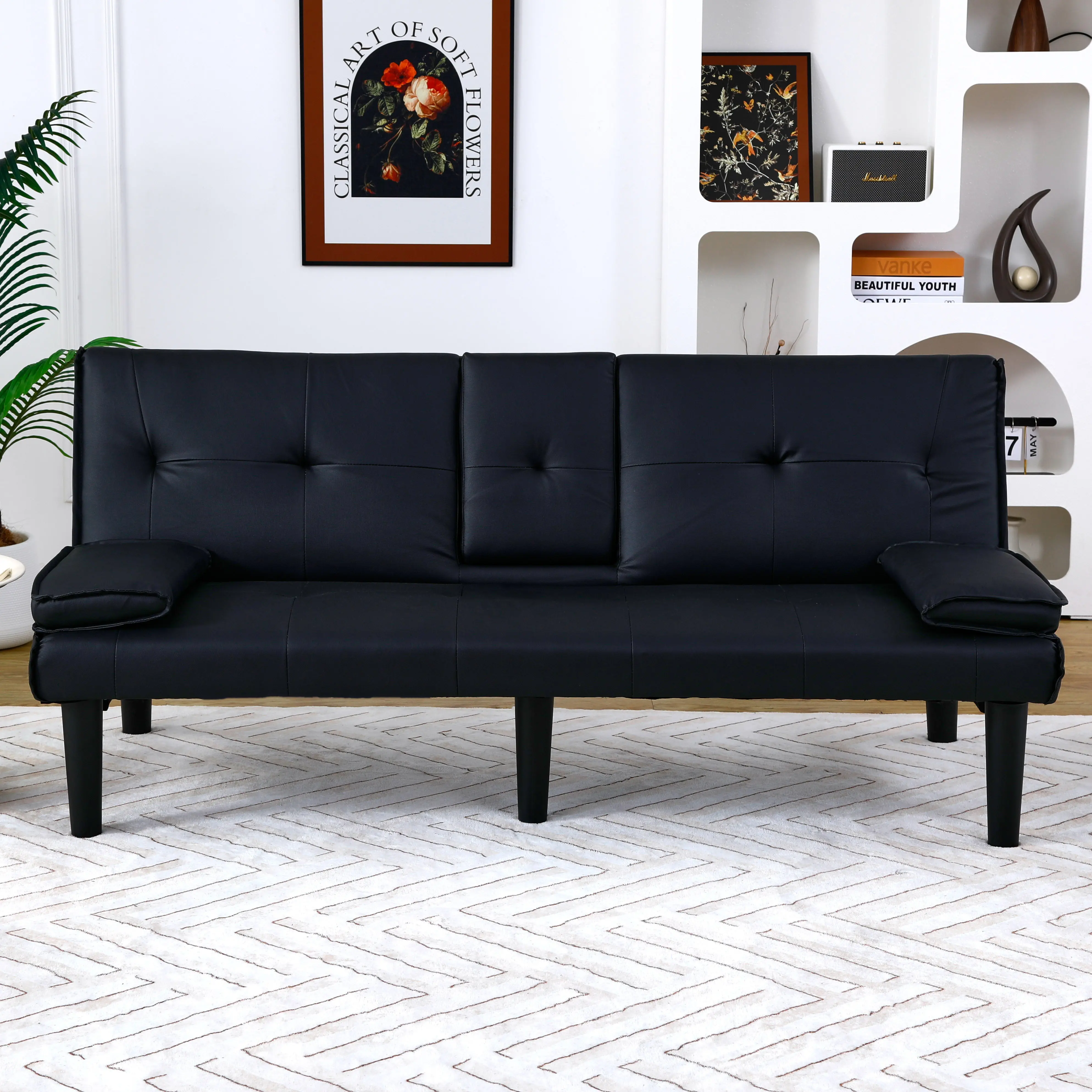 Bellemave Sturdy Classic 3-Seat 67-in Width Light Gray PVC Convertible Sofa Bed - Foldable, Cup Holder, Storage Cabinets, Assembly Required, Comfy Couch, Futon, Sofas Living Room, for American Consumers, Office, Sofa Bed Couch