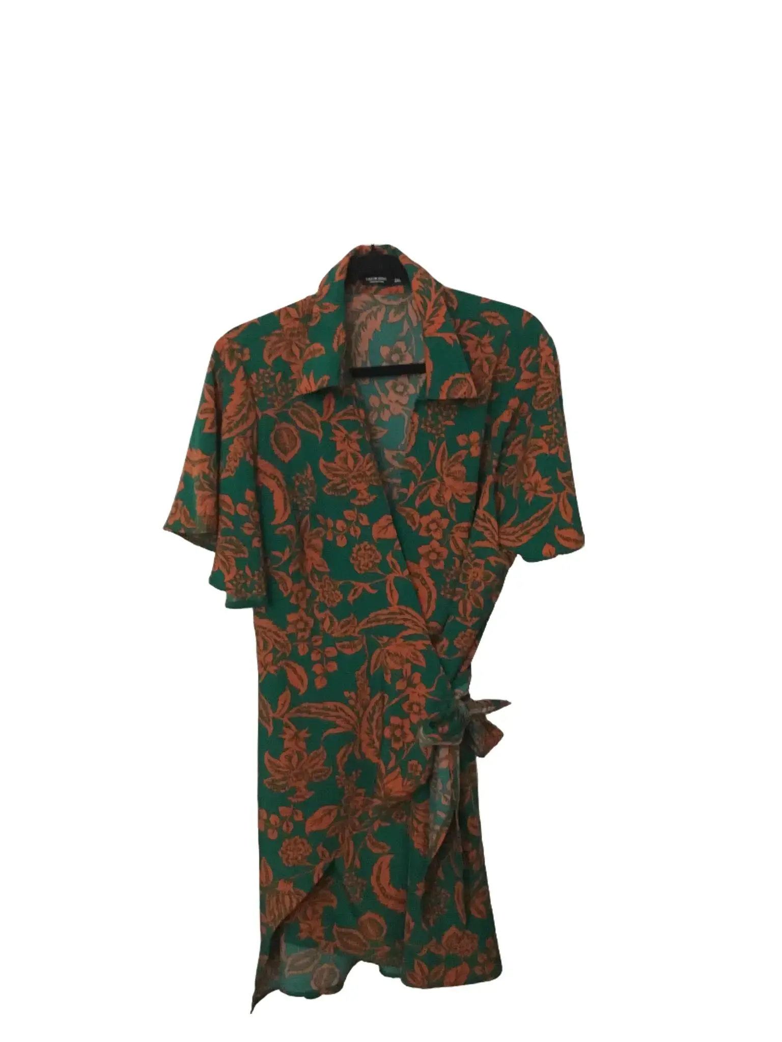 Shein Lune Tropical Emerald Green Collared Wrap Mini Dress W/ Burnt Orange Tropical Print Sz 2XL (18-20)