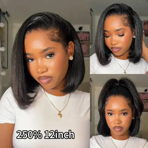 Black Women's Human Hair 3-in-1 Glueless Half Wig - Yaki Straight Bob, Adjustable Wig Head Drawstring Fit, Minimal/No Leave Out Upgrade, No Sew-In Clip-In Hair Toppers #SohoChic #TikTokShopBackToSchool