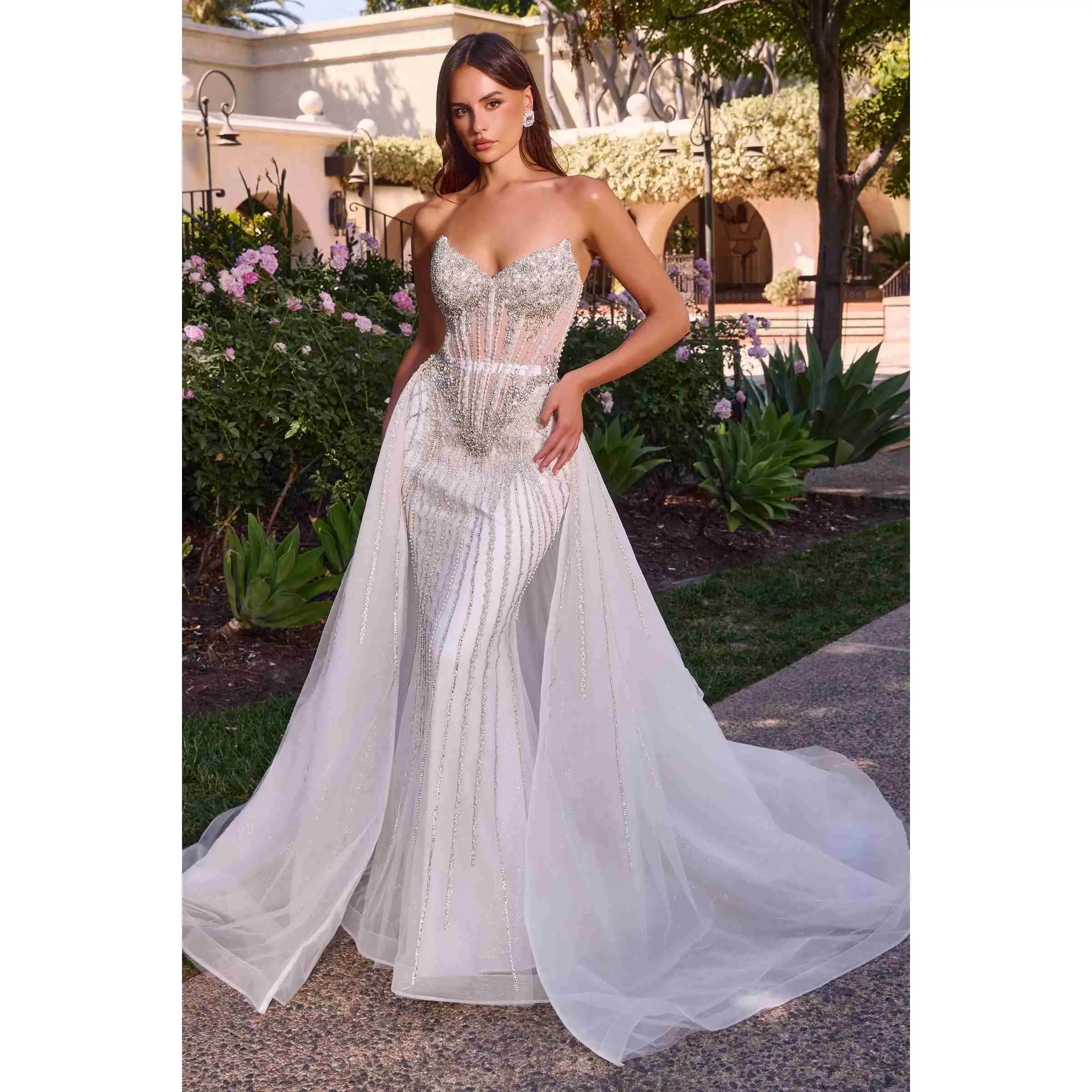 Women's Formal Ladivine CD643W Strapless Sleeveless Beaded Bridal Gown with Corset, Adjustable Tulle Overskirt, Premium Fabric