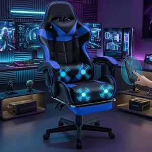Ergonomic Racing Gaming Chair, Height Adjustable Computer Game Chair with Massage Lumbar Support and Headrest, Retractable Footrest PU Leather Swivel Reclining Gaming Chair for Home Gaming Room Office