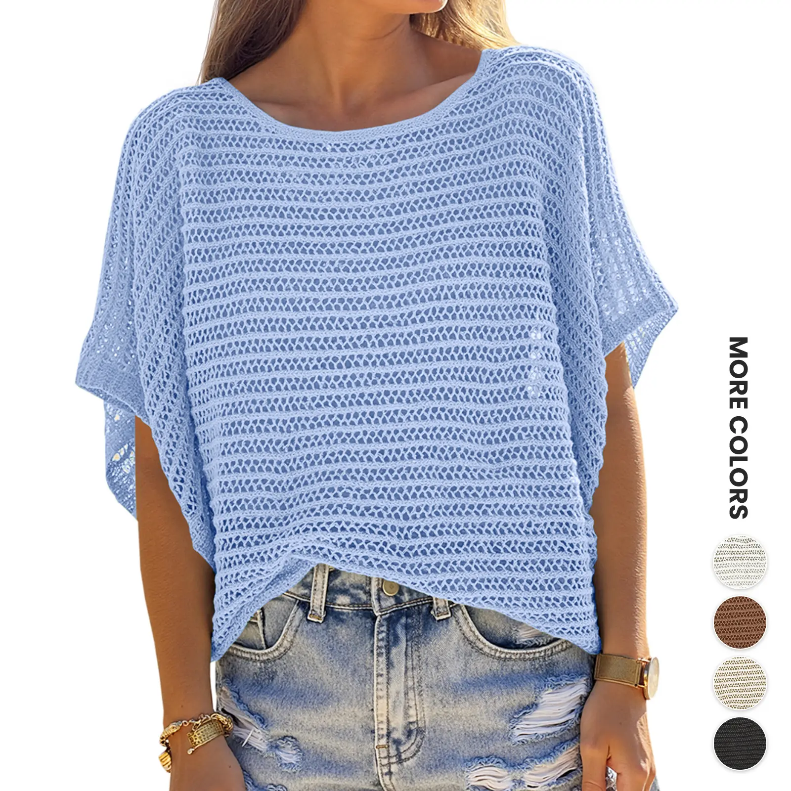 Women's Beach Cover Up, Short Sleeve Hollow Out Crochet Top, Loose Cut Knit Pullover Sweater for Summer, Beach Cover Ups, Dry Clean