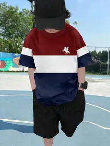Summer Casual Fashion Round Neck Short Sleeve T-Shirt, Children Outdoor Clothing, All-Season Bestseller, Slim-Fitting Geometric Pattern, Casual Graphic Shirt, Graphic Tee, Graphic Printed Shirt