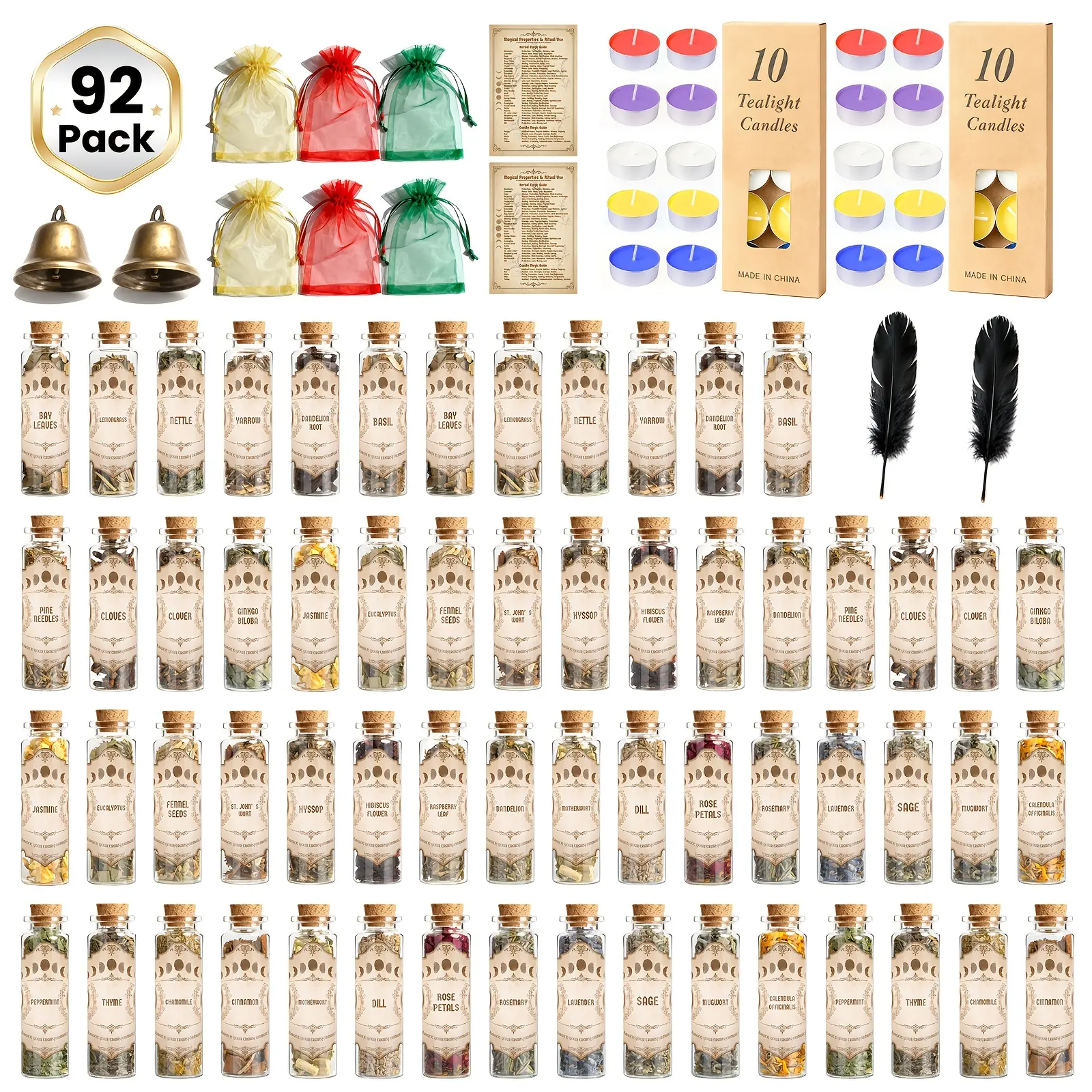 92-Pack Wicca Supplies Starter Kit for Beginners - 30 Herb Jars, 10 Colorful Candles, Scented Sachets, Feather, Bell, Guide Book, Aromatherapy Oil, Incense | Stress Relief for Altar Decor, Rituals | Christmas Gift