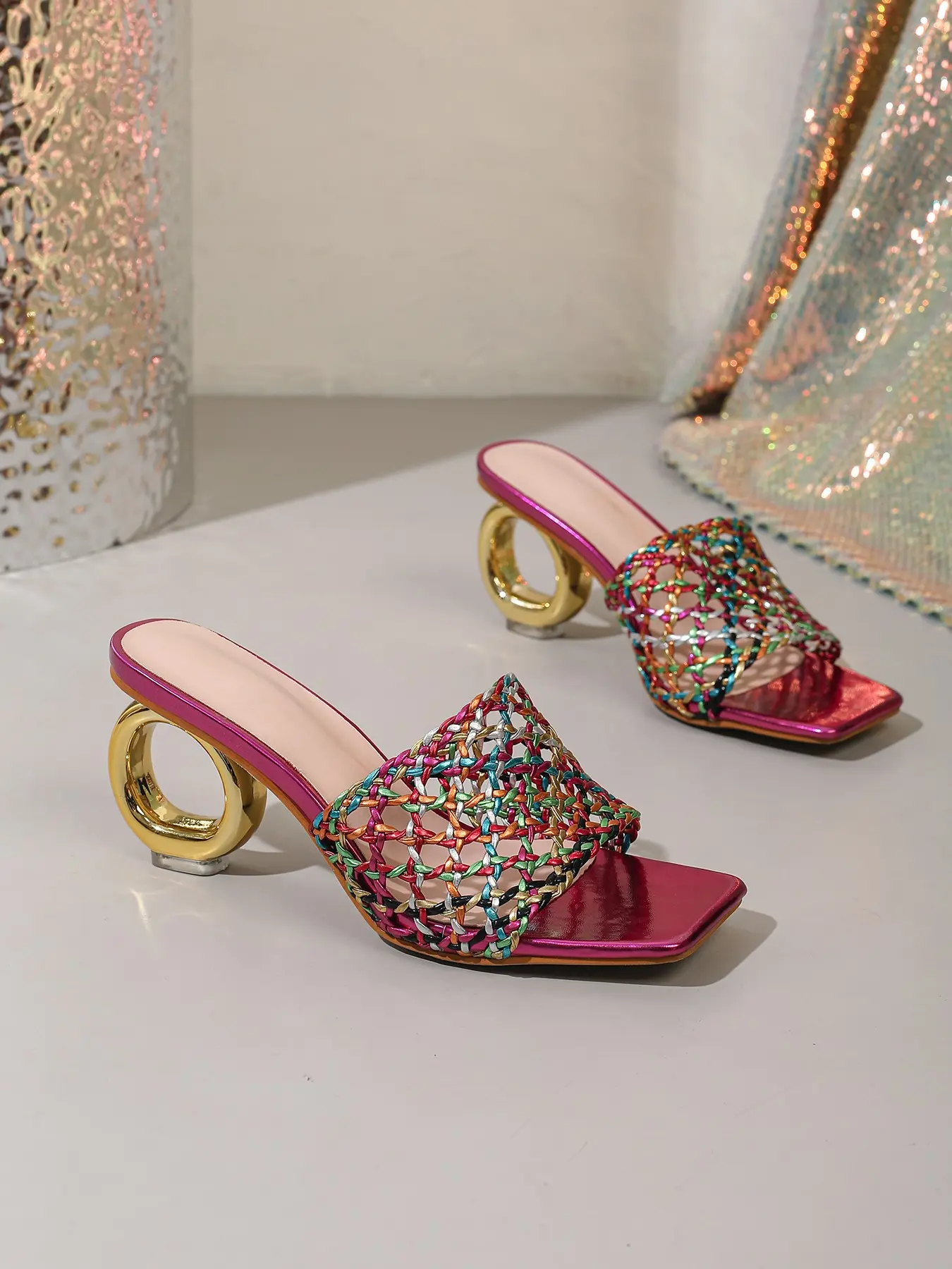 Colorful High Heel Sandals, Boho Style, Wedge Heel, Open Toe, Contrast Mesh, Evening Wear, Beach, Vacation, Casual, Bohemian Wedge Sandals