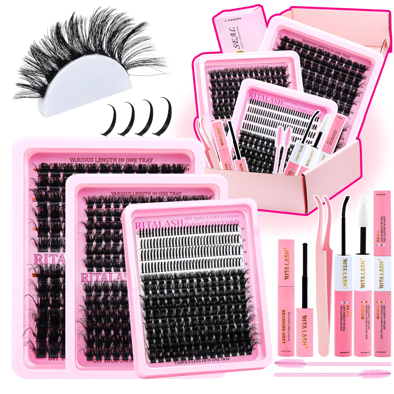 RITALASH DIY Lash Extension Kit, 566 Pcs Spiky Volume Clusters for a Dramatic Look, D Curl 12-22mm, with Bond, Seal & Remover, Makeup, Lash Extensions, Cosmetic, Dramatic Lashes