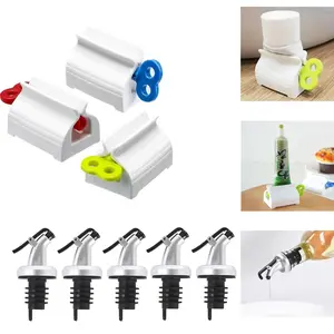 Home Efficiency Bundle: 3Pcs Toothpaste Squeezers + 5pcs Bottle Nozzle,Multi-Purpose Rolling Toothpaste Holder Stand Home Oil Bottle Stopper Spout Sauce Flavor Bottle Spout Kitchen Supplies