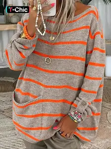Women's Striped Print Drop Shoulder Pocket Knitting Sweater, Casual Long Sleeve Round Neck Jumper for Fall & Winter, Fashion Ladies' Knitwear for Daily Wear, Everyday Womenswear, Tops