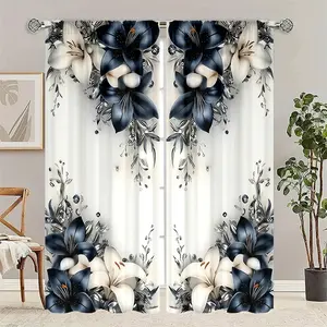 2 pieces - Blue and White Lily Print Pattern - Installed with pocket rods, digital printed Curtain Panels, Window Drapes, suitable for living room, closet, bedroom, study, dining room, and home decoration.