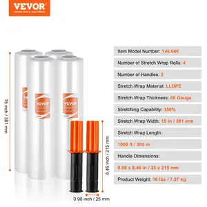 VEVOR Stretch Film, 15 inchesx 1000 feet, 4 Pack, 60 Gauge Industrial Strength Clear Durable Stretch Wrap Roll, Heavy Duty Shrink Film Stretch Wrap with Handles for Pallet Wrapping Shipping Moving