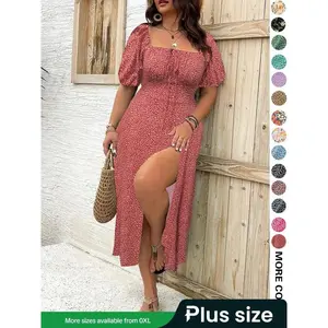 Plus Size All-Over Ditsy Floral Print Dress, Casual Summer Dress with Slit Hem, Women’s Plus-Size Clothing for Beach Holidays, Womenswear