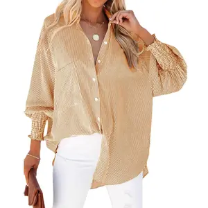 Women’s striped button-down blouse with a boyfriend collar, smocked puff sleeves, oversized fit, work-ready design, and pocket