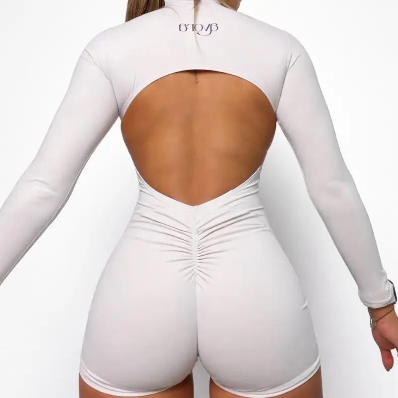Beige Long Sleeve Backless Bodycon Jumpsuit with Ruched Detailing for Women Womenswear