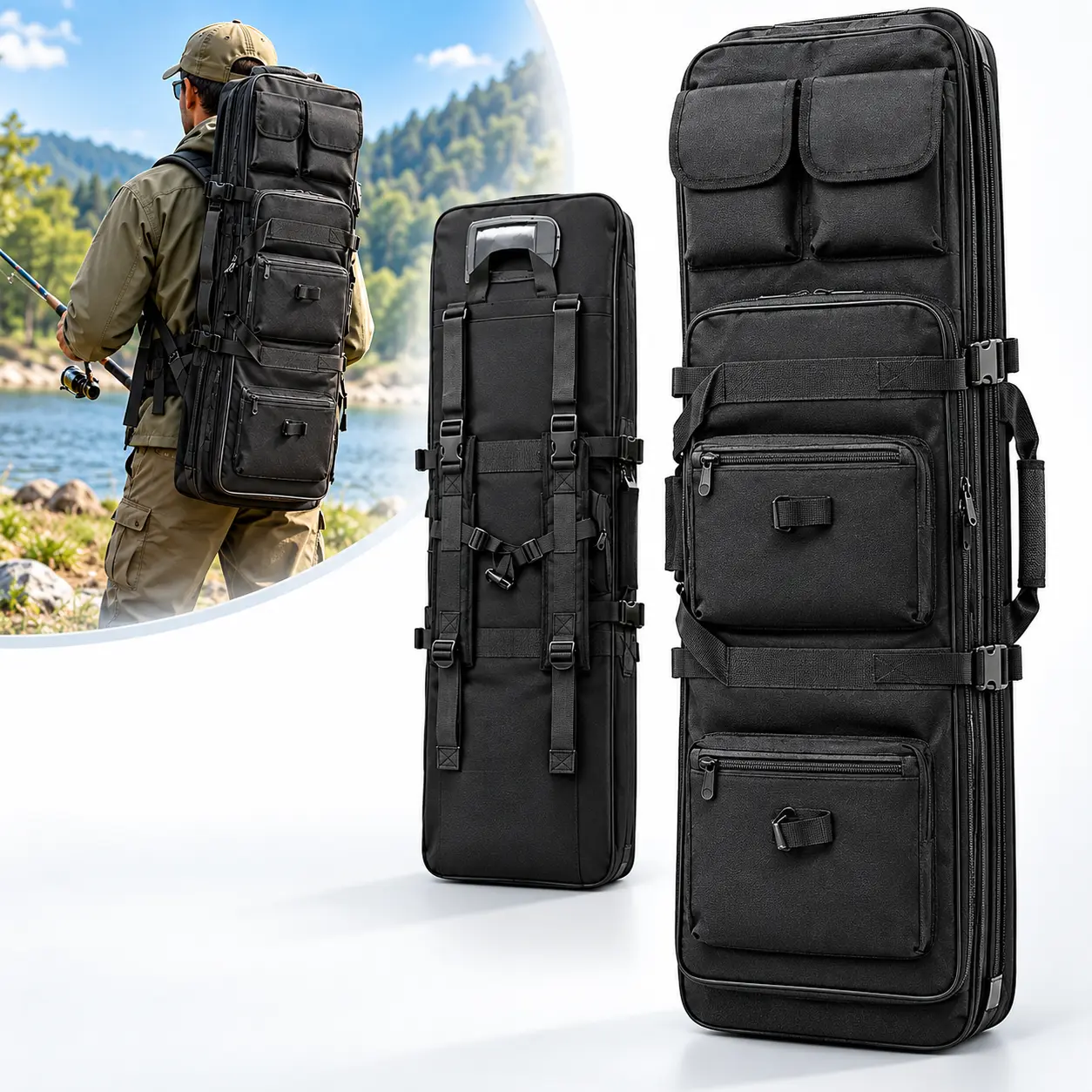 47 Inch Double Rifle Case, Padded Tactical Soft Gun Bag Backpack for 2 Long Guns with Multiple Front Pockets, Pistol & Magazine Storage, Adjustable Shoulder Straps and Carry Handle for Range Trips, Hunting & Outdoor Gear Transport