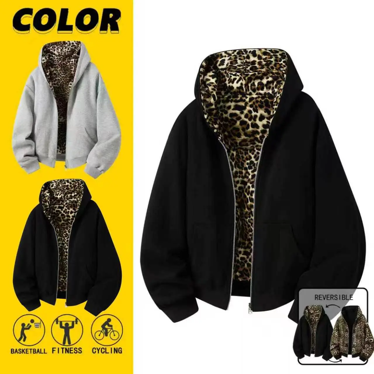 Men’s cotton-blend leopard print zip-up hoodie, couples’ reversible sweatshirt jacket suitable for everyday wear, streetwear, sports, and work.