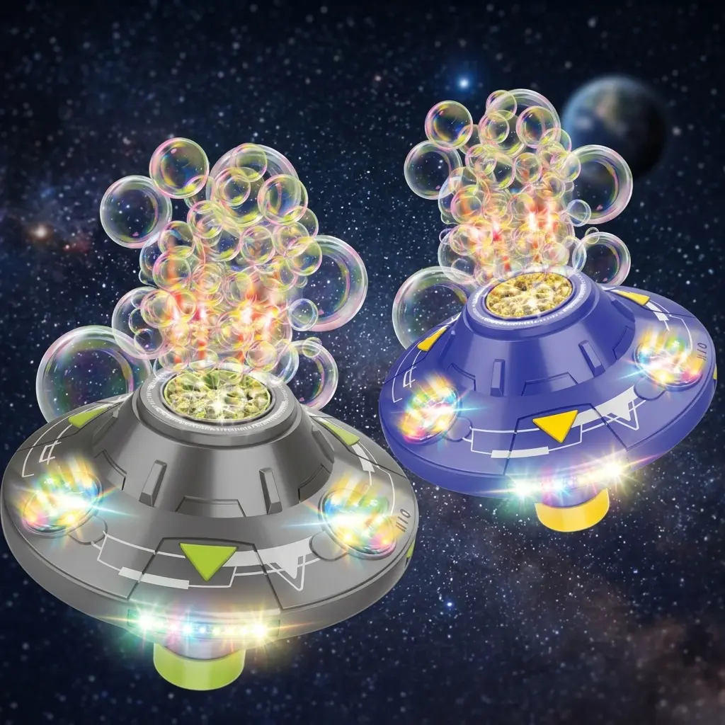EFFUN-2026 Upgraded UFO Shape Multifunction Bubble Maker Toy - Auto Spinning Bubble Blaster with LED Lights, Music Feature, Obstacle Avoidance, 32-Hole Giant Output for Kids Outdoor Summer Play