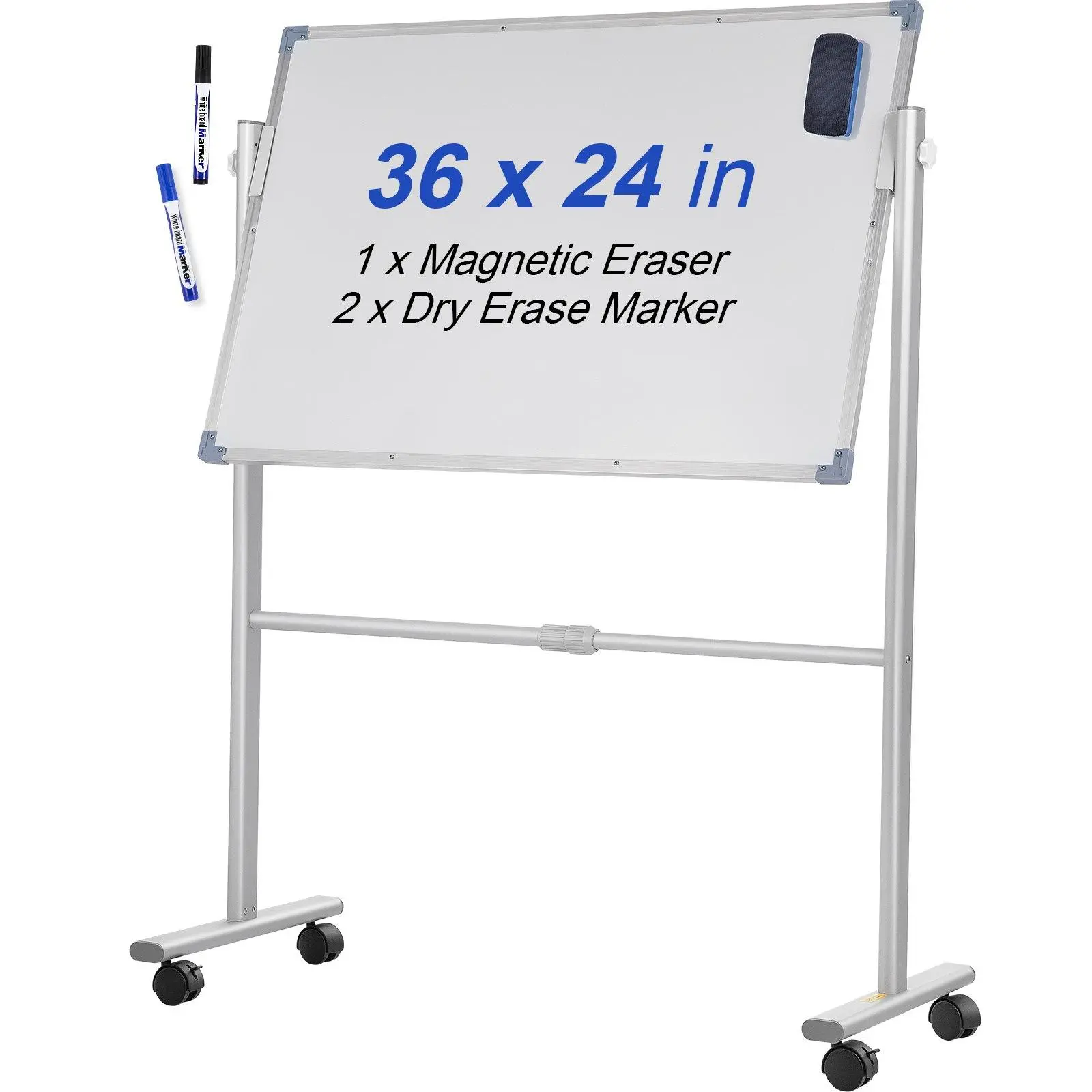 36 x 24 Inch Mobile Magnetic Whiteboard, Double-Sided 360° Reversible Rolling Dry Erase Board, Height Adjustable Aluminum Frame Whiteboard with Lockable Swivel Wheels, Dual Vertical & Horizontal Mount for Office School Home Use