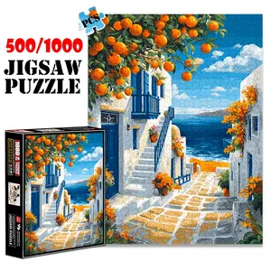 1pc 1000 piece adult puzzle 70x50cm Mediterranean Coastal Alley with Orange Trees and Flowers 500 pieces of paper jigsaw puzzle, suitable for adults and families, large-scale DIY puzzle interactive