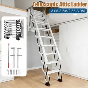 Attic Ladder Wall-Mounted, 600LBS Capacity, 96- 100 inches/116-120 inches Ceiling Height, 10-Step Steel Folding Stairs with Handrails, Pull Down Attic Ladders for Home Indoor Outdoor, Storehouse, Attics, Garages, Roofs, Basements