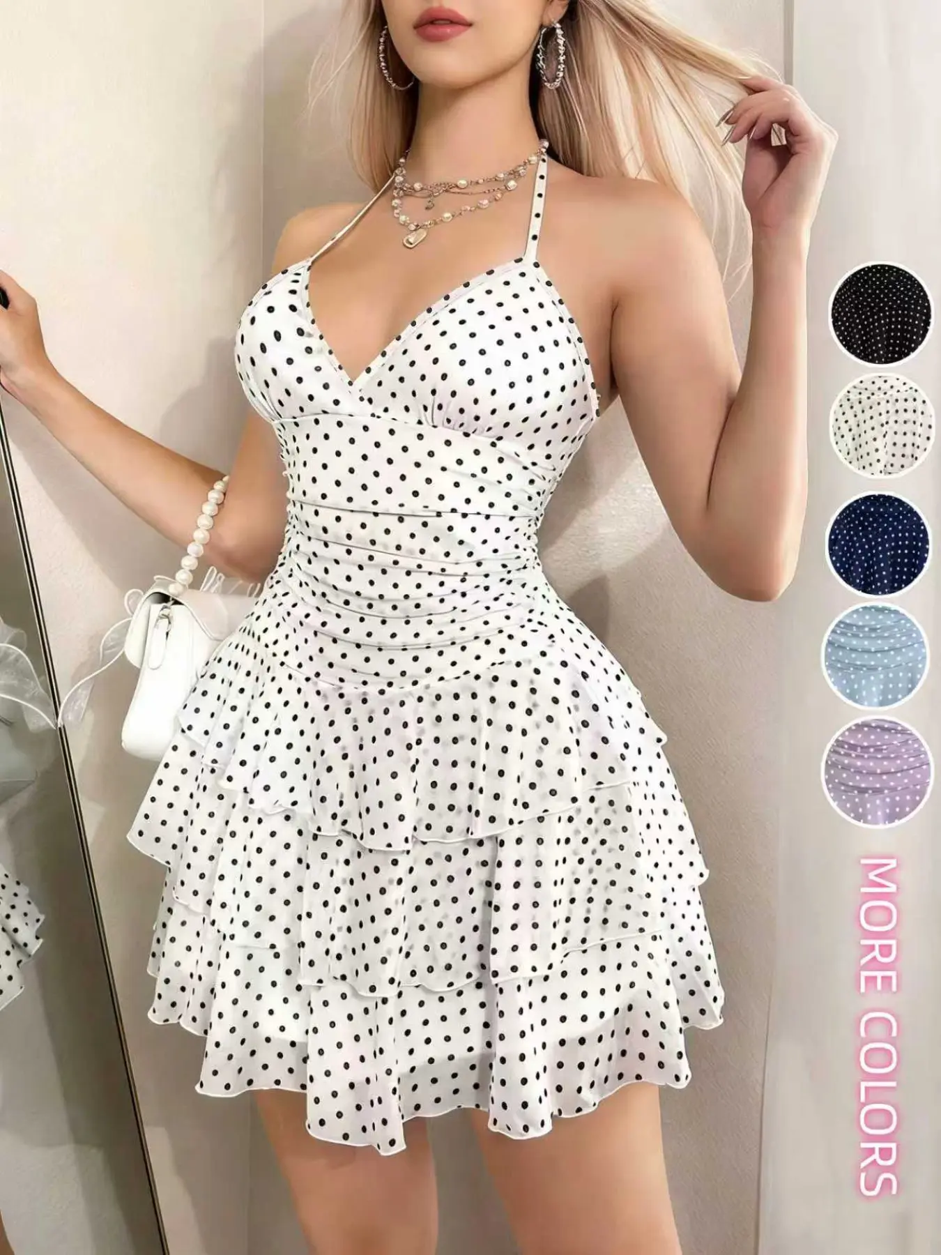 Fashionable Summer Halter-Neck Polka Dot Dress, Stylish Women's Clothing Perfect for Warm Weather