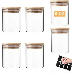 Glass Jars with Bamboo Wooden Airtight Lids 6oz 10oz Spice Jars Food Storage Containers for Home Kitchen, Tea, Salt, Pepper, Spices, Coffee, Herbs, Grains (6 OZ, 6 count)