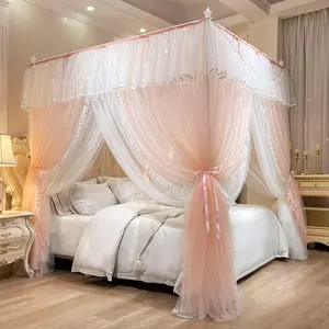 Bed Curtains with Lights,Ruffle Bed Curtains,Layer Cozy Net for Girls Adults Bedroom(Peach,Full)