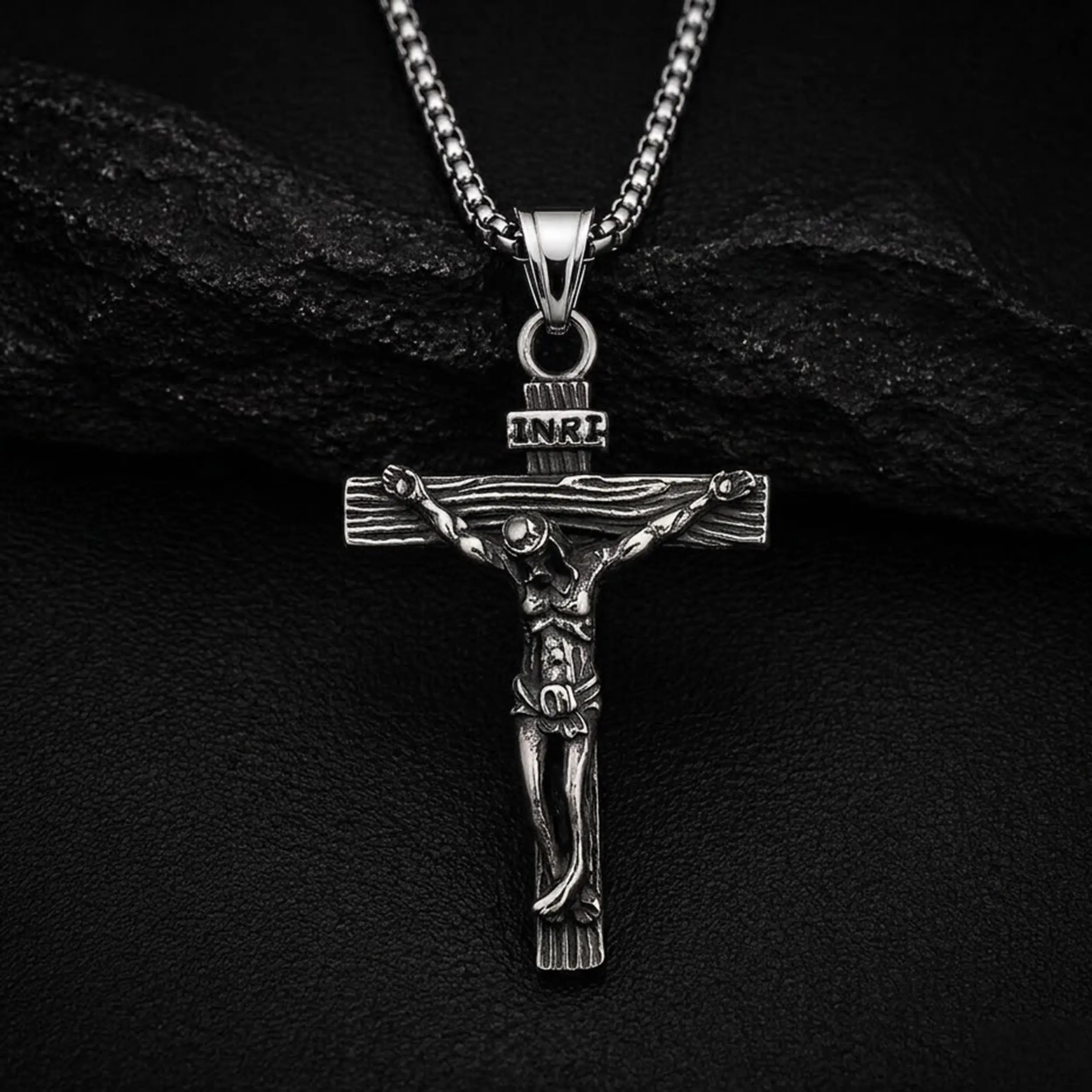 Crucifix Cross Necklace for Men, Stainless Steel No Tarnish/Crucifix Necklace Cross Pendant with 3mm Box Chain(18"-24"),Religious Jewelry Gift