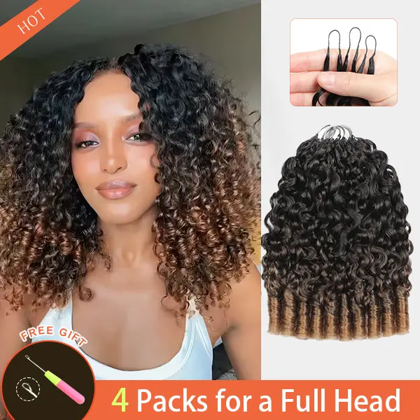 【New Color】ElNbeauty Burmese Curly Crochet Human Hair＆Pre-looped Strand＆Pre-Separated Knotless Invisible Crochet Hair for Boho Braids 50g/Pack, 4-5 Packs for Full Head,Vacation Hair #Summervibes