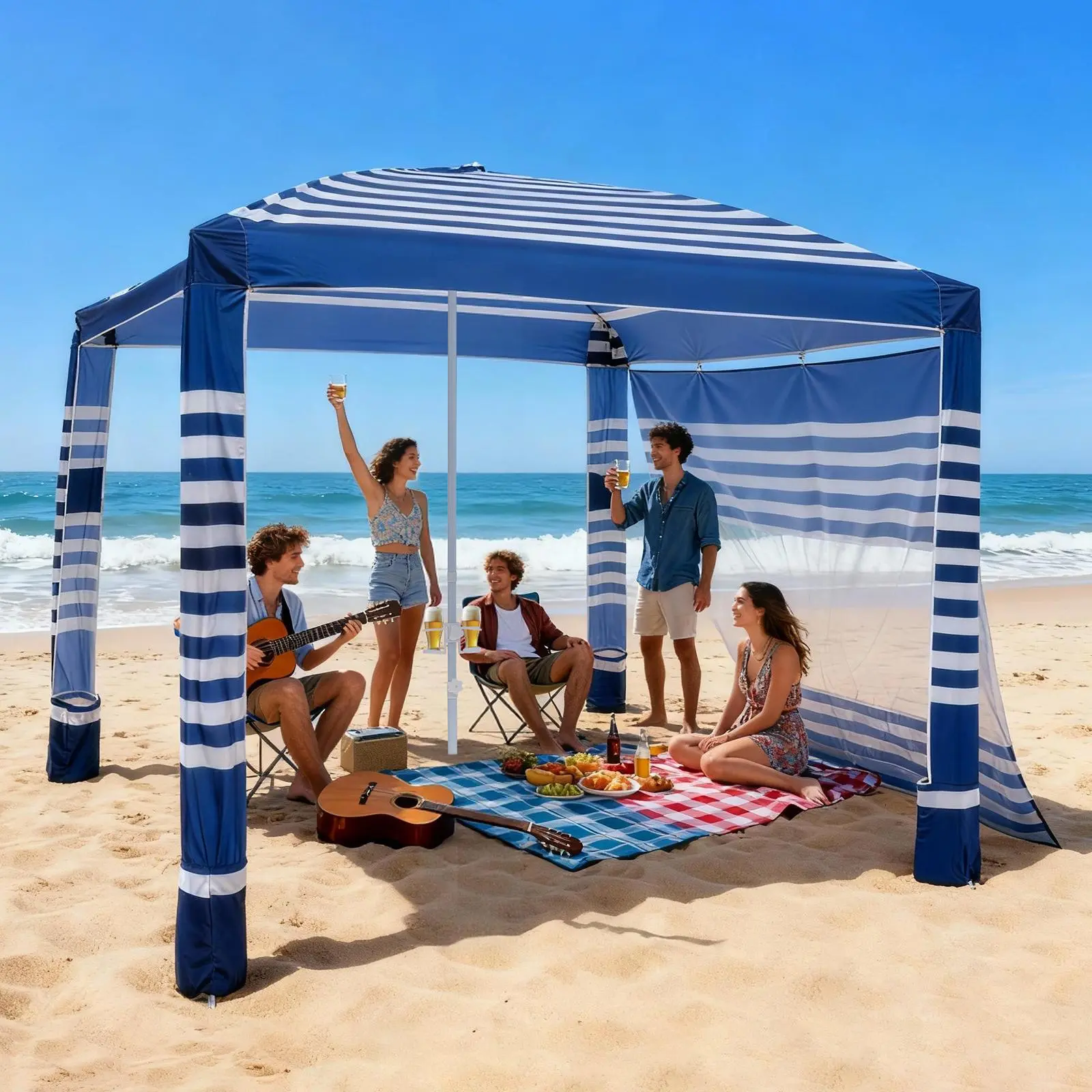 VEVOR 8x8 ft Beach Cabana, Navy Stripes Lightweight Portable Sun Shelter for Family, with Side Wall, Adjustable Height, UPF 50+ Protection, Easy Setup, Tent, Sun Protection, Sun-Resist Fabr.