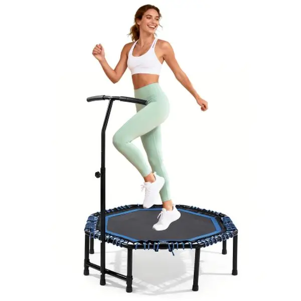 48-in Foldable Adult Fitness Trampoline with Adjustable Handle Bar, 450lbs Max Load, Durable Bungee Cords, Stable & Quiet Rebounder for Cardio & Strength Training, Easy to Assemble for Home Use