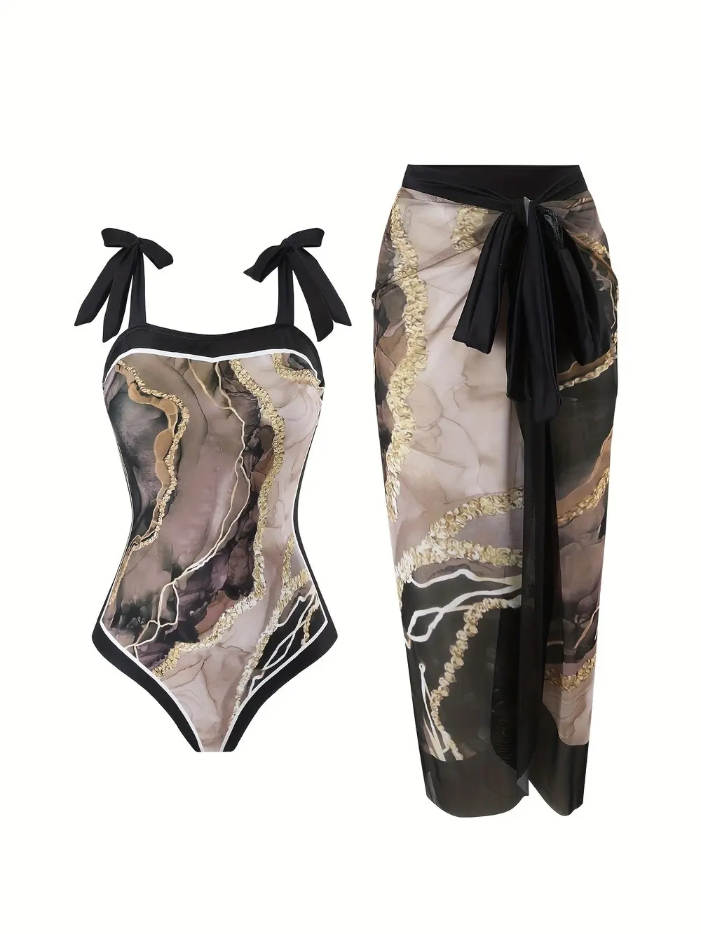 Luxury Marble Gold Streak Print 2 Piece Swim Set, Bow Shoulder Strap One Piece Swimsuit + Tie Wrap Sarong Skirt Women Beach Pool Outfit