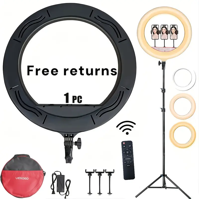 18-in LED Ring Light with Touch Screen, Retractable Adjustable Tripod Stand (360° Rotatable), Dimmable LEDs, Stepless Color Adjustment, 3 Phone/Tablet Mounts, Remote, Storage Bag, CRI>90, Soft Light Flatters Skin, Great for Cooking Videos/Studio Portraits