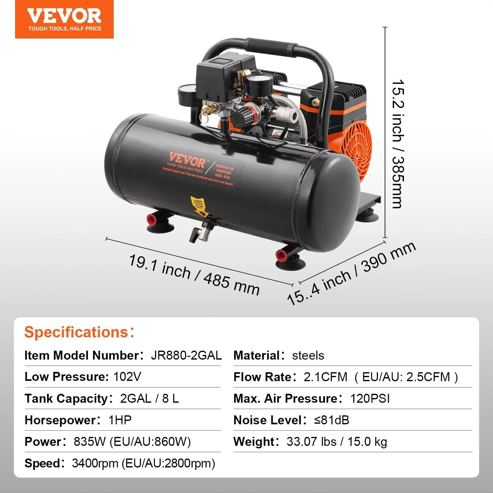 2 Gallon 835W 2.1 CFM@ 90PSI 80 dB