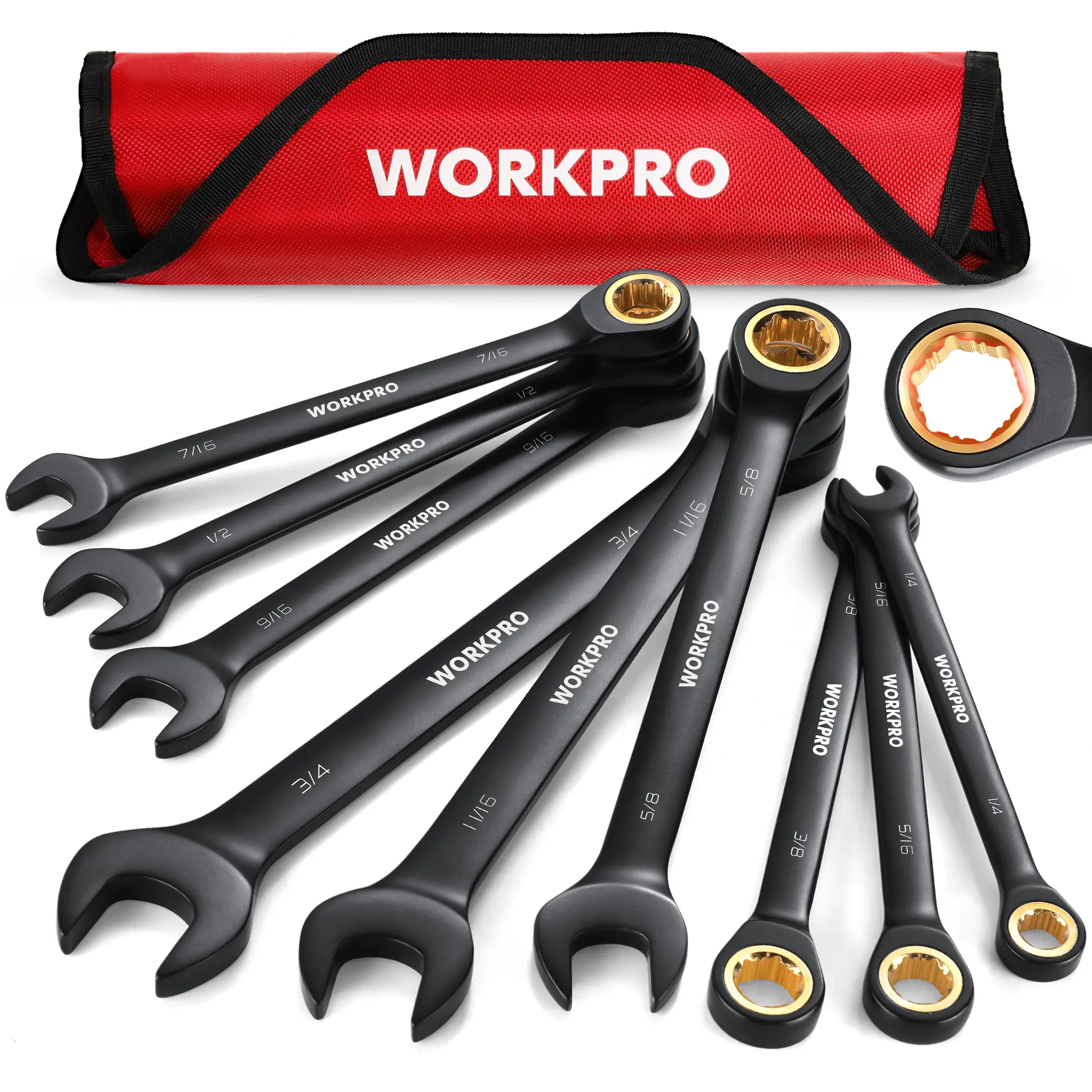 #backtoschool WORKPRO Anti-Slip Ratcheting Combination Wrench Set, 72-Tooth, Cr-V Constructed, Black Ratchet Wrenches Set with Roll Up Pouch