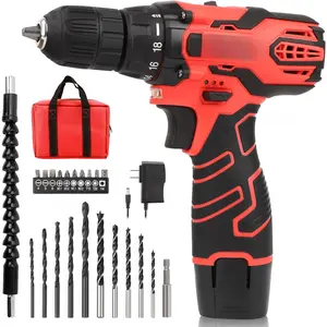 Cordless Drill Set, 12V Power Drill, 1 , 3/8" Keyless Chuck,0-450 & 0-1500 RPM, 10 count  Bits, Red