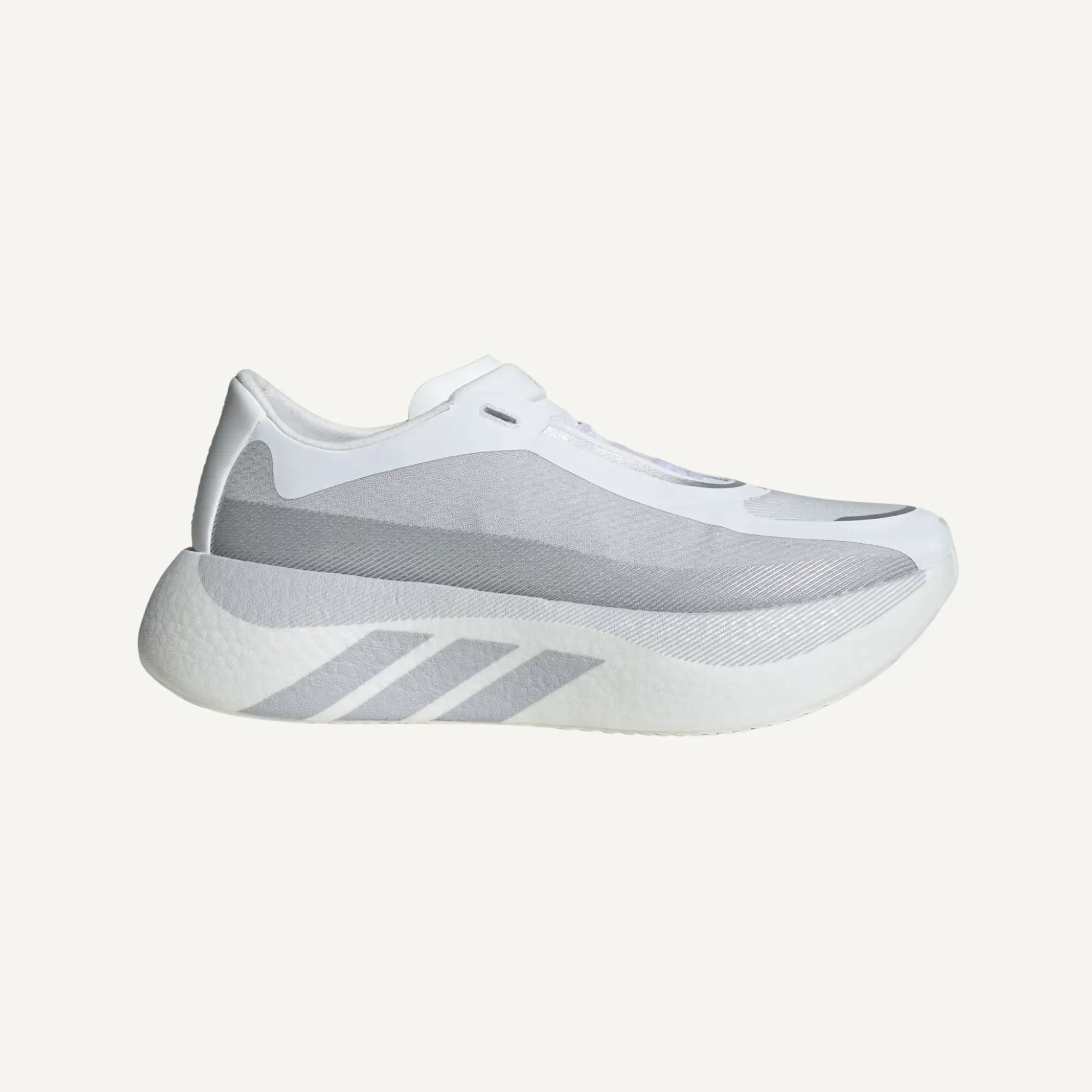 Adidas Men's White-Grey Hyperboost Edge Athletic Training Running Shoes - 3-Stripes Branding, Cushioned Fabric, Oversized Cushioning Platform, Laces, High-Stack Trainer for Road Running Daily Mileage, KK0288