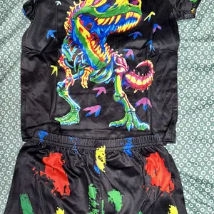 Toddler Boys' Dinosaur & All-Over Print Short Sleeve T-Shirt & Elastic Waist Shorts Loungewear Set, Graphic Tee & Shorts PJ Set, Kids Pajama Lounge Sets for All Seasons, Cartoon Print Pajama, Cartoon Pattern Pajamas