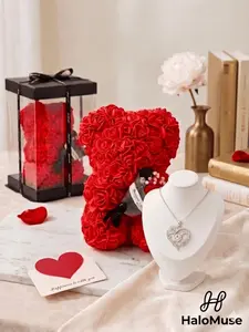 Full of Mother's Day Vibes! Preserved Rose Bear Box + Heart Diamond Necklace, Luxury Elegant Gift That Wows