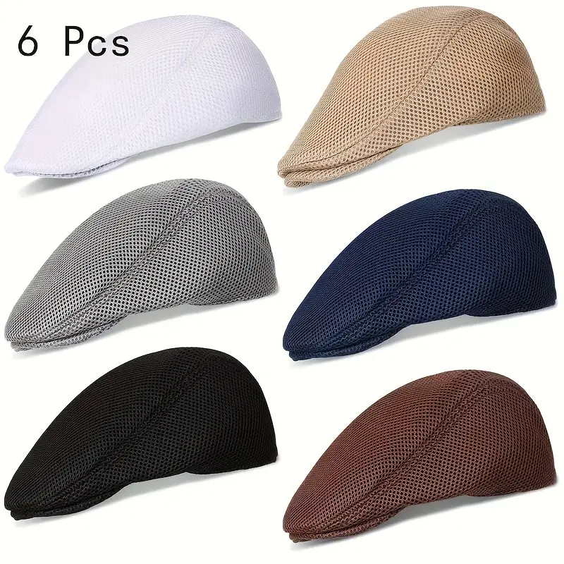 Men's 6-Pack Flat Top Newsboy Taxi Driver Hats, 100% Polyester Mesh, PVC Coated, Fantasy Charm Style, Breathable, Hand Wash Only, Flat Top Hat, Casual Daily