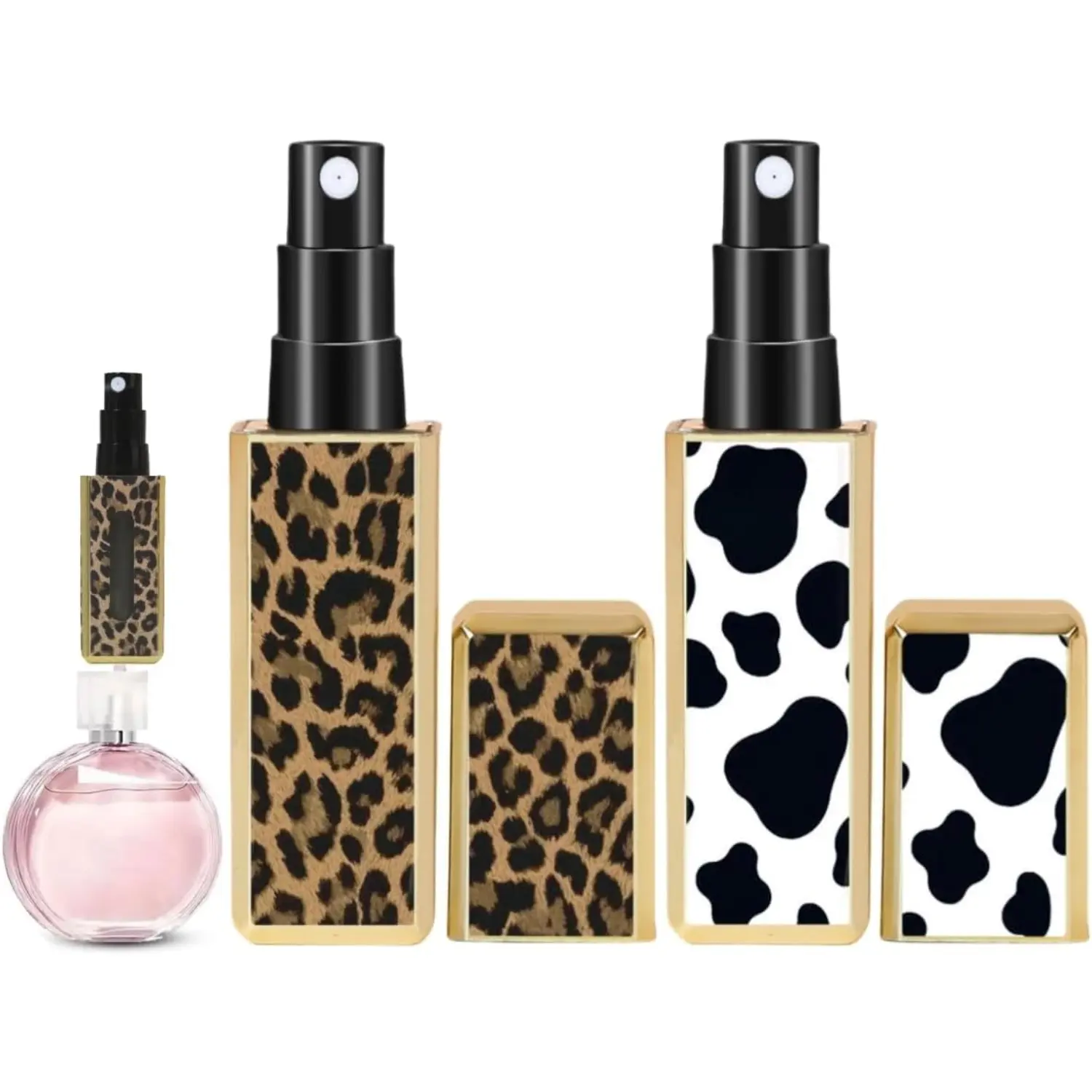 2-pack 5ml leopard and cow print perfume travel bottles, reusable square perfume spray bottles with bottom filling (leopard and cow print), suitable for travel, Cosmetic Makeup Accessories
