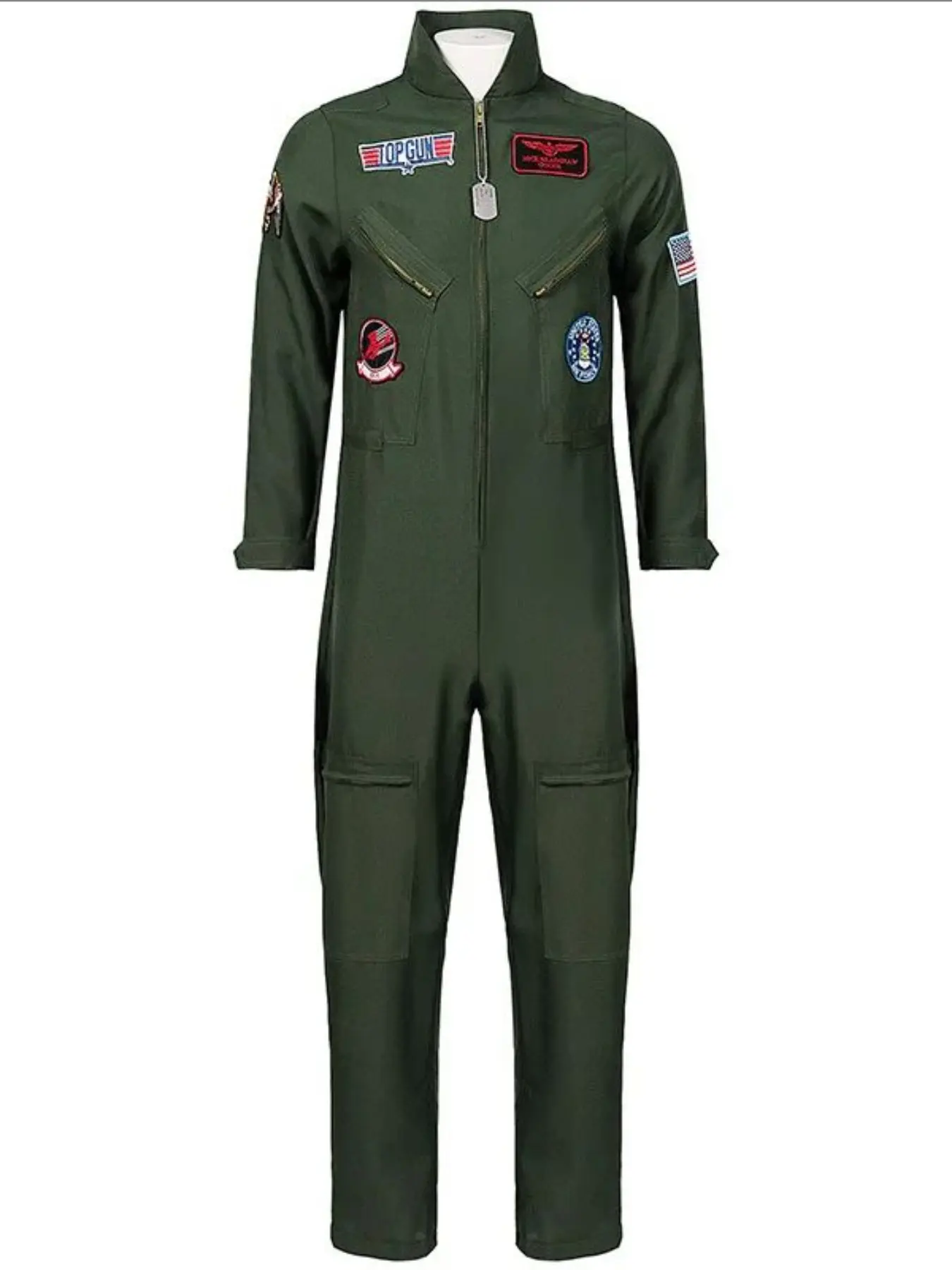 Top Gun Cosplay Costume American Airforce Men's Uniform Halloween Costume with Glass Embroidery Army Green Military Pilot Bodysuit Authentic Cosplay Elements