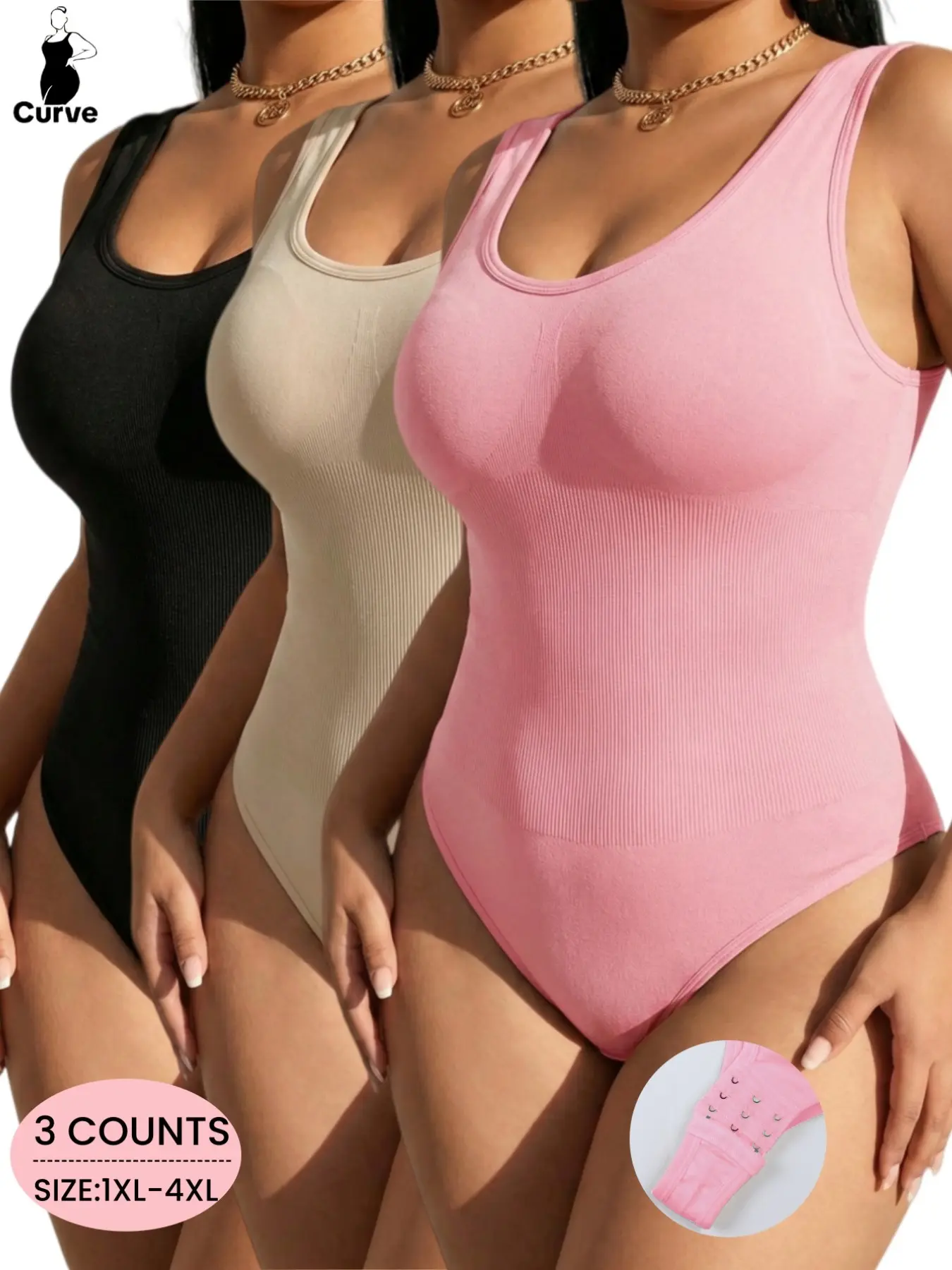 PLUS SIZE Women's Seamless Ribbed Bodysuit, Round Neck Tank Top, Sexy U-Back Sleeveless Shapewear for Going Out,Soft Elastic Fabric,With Buckles,Casual Daily Wear,Womenswear Bottoms,All Seasons, Underwear, Shapewear Bodysuits