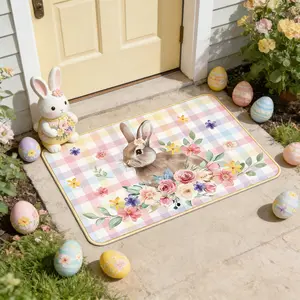 Pastel Plaid Rabbit Welcome Mat, Easter Decorative Rug, Washable Area Rug, Washable Soft Rug, Rabbit and floral pattern design, Washable Indoor Outdoor Floor Mat, Suitable for entryways, Easter gift for friends, garden-style home Decor