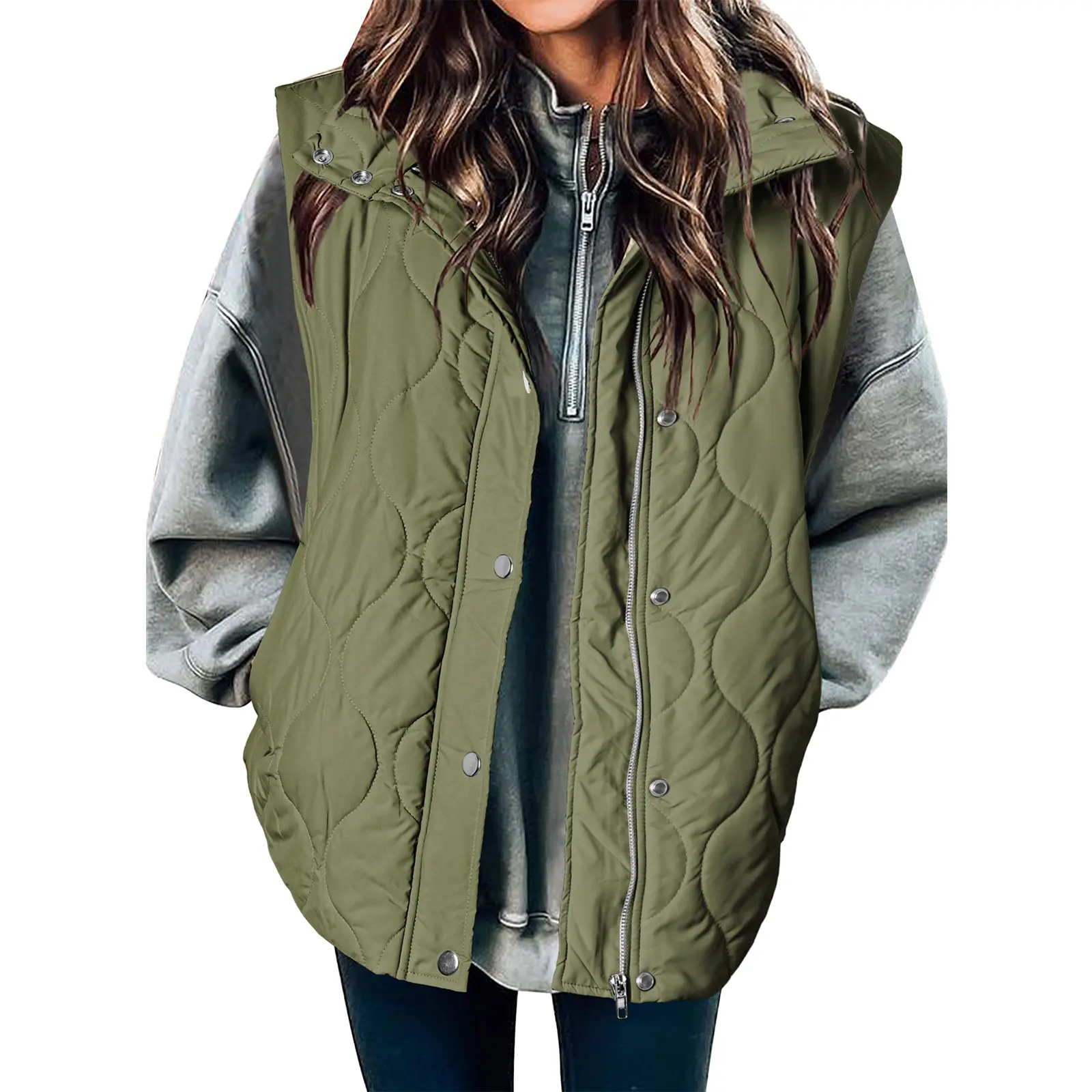 Casual Quilted Puffer Vest - Women's Sleeveless Button Zip Up Stand Collar Outerwear