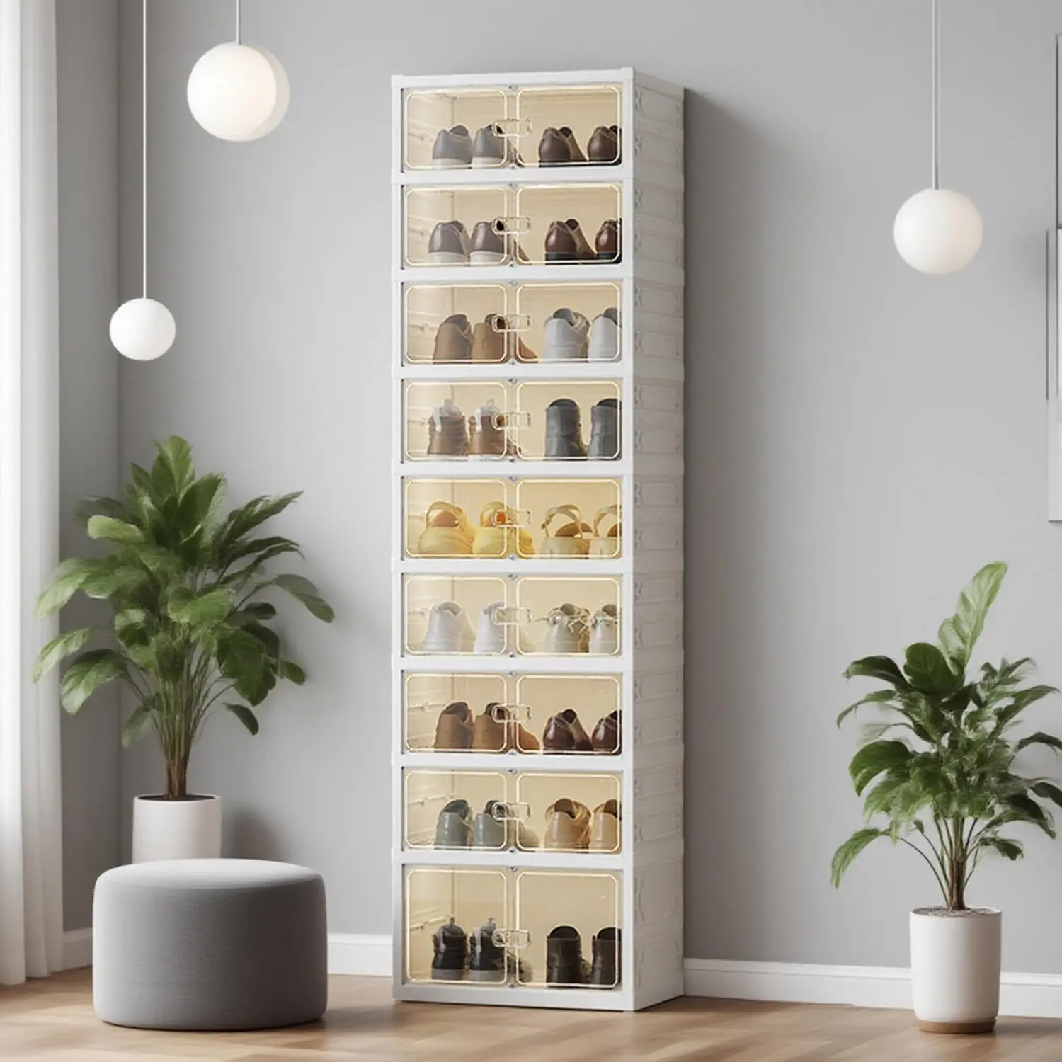 UFORU-Expandable and Portable Plastic Shoe Rack with Clear Magnetic Doors, shoe rack organizer,no assembly,Saving Storage for Apartment, Light,Non- Installation