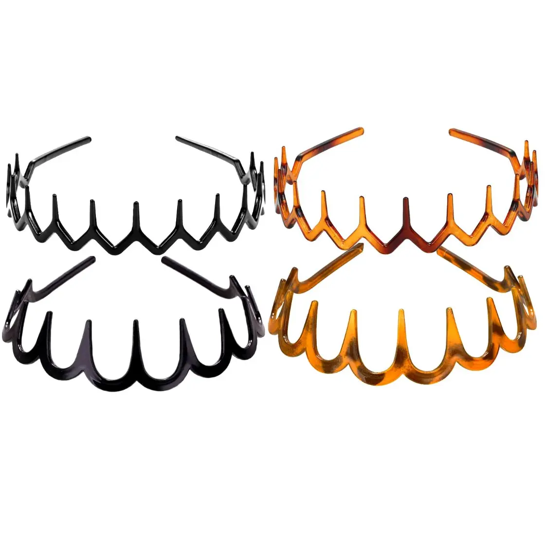 Zig Zag Headbands Classic 90s Plastic Headband with Teeth Wavy Comb Headbands for Women Men, Shark Tooth Headband & Hair Band (2 Black + 2 Brown, Pack of 4)