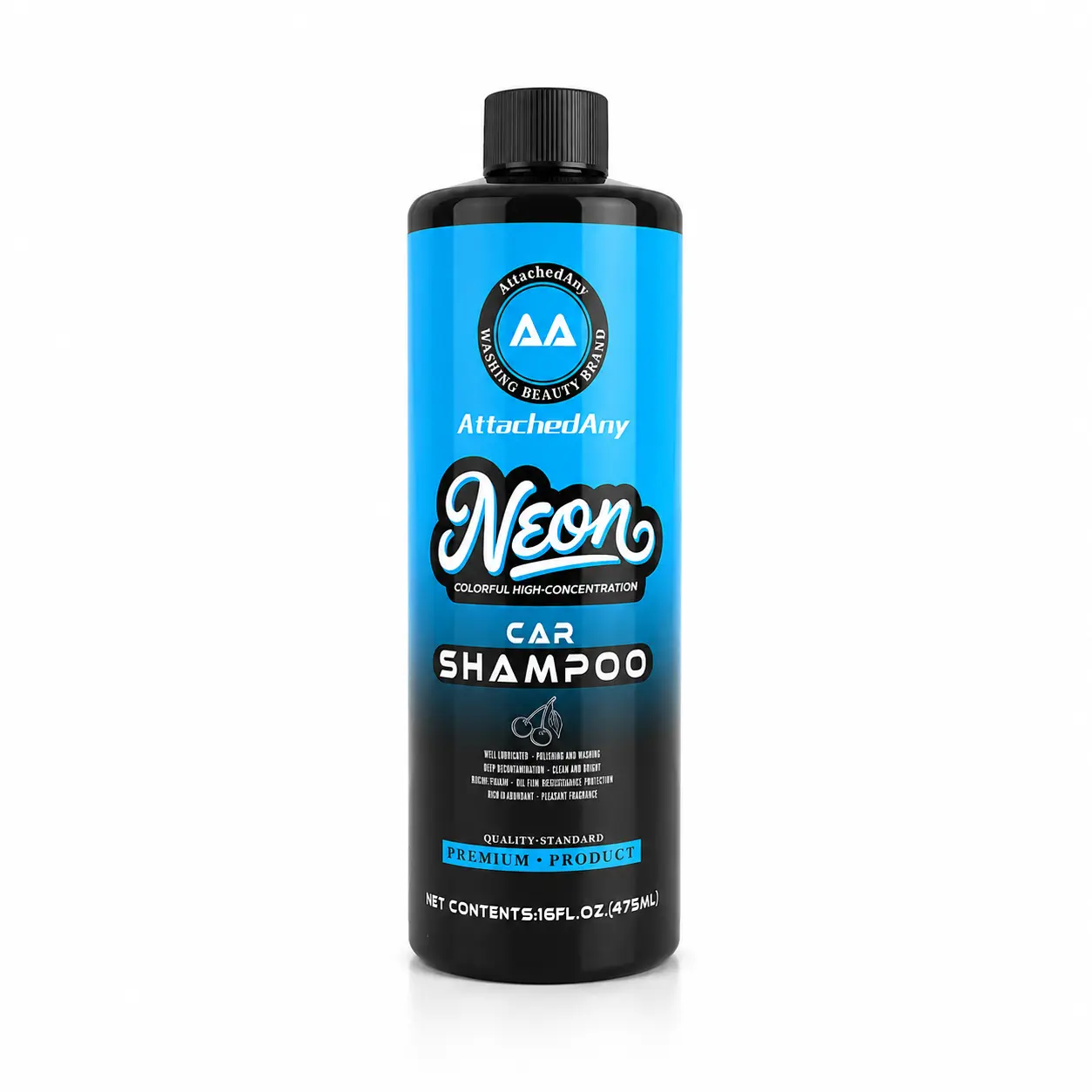 AttachedAny Car Supplies "Neon Series" pH-Neutral High-Foam Blue Car Wash Soap with Wax—a high-gloss car cleaning product suitable for foam sprayers.